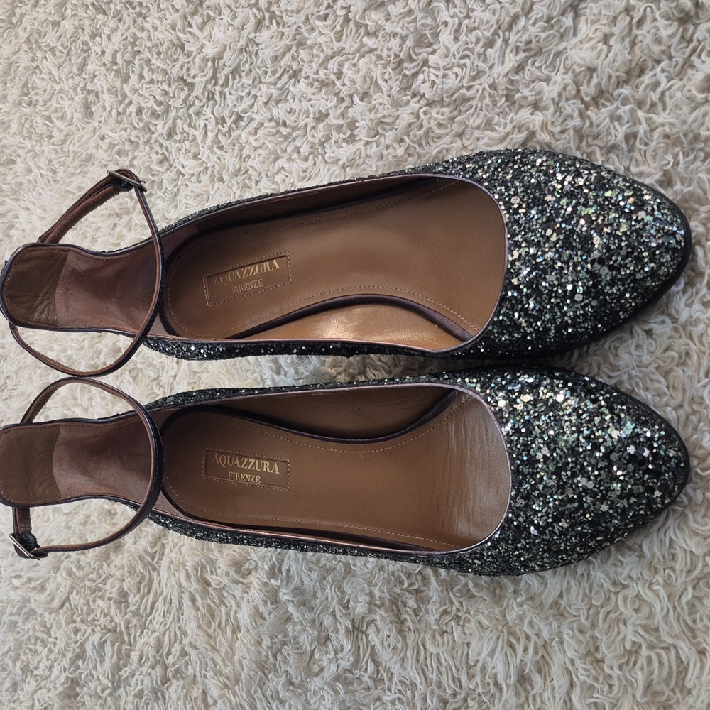 AQUAZURRA Alix 50 pumps 37.5 Ankle Strap Block Heel Glitter Mary jane Shoes 7.5